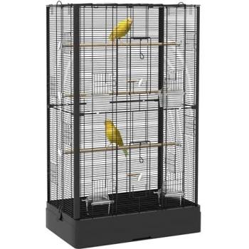 Jaula para Pájaros PawHut 61x36,5x98 cm Pajarera con Puertas, Perchas, Bandeja Extraíble, Cajas de Comidas y Asas para Ninfas, Periquitos, Pin