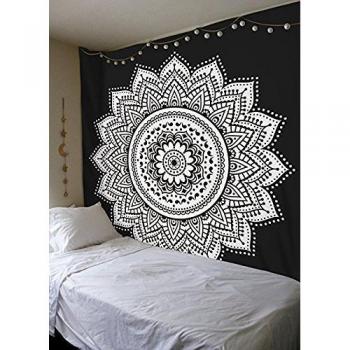 Tapiz mandala blanco y negro para colgar en las paredes, de tamaño reina