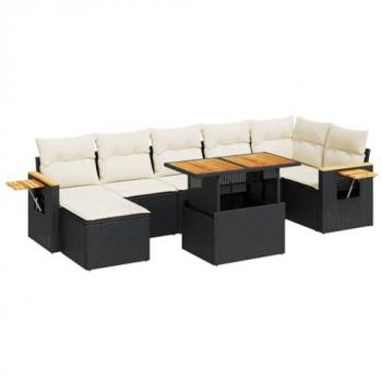 8-Piece Black Poly Rattan Garden Sofa Set with Cushions and Acacia Wood
