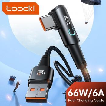 Cable USB Tipo C Toocki 6A 66W para Huawei Mate 40 Pro y Samsung, carga rápida de 5A, conector a 90 grados, longitud de 2M, color azul