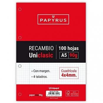 Unipapel Recambios Cuadrículadas 4x4 mm, Hojas de 90 g, con Margen, 4 Taladros, Paper, Blanco, A5, 100