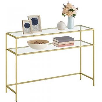Mesa Consola Elegante Dorada con Estantería de 2 Niveles y Tablero de Vidrio Templado, Patas Ajustables para Salón y Pasillo, Dimensiones: 35 x 120 x 80 cm