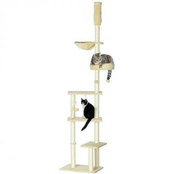PawHut Árbol para Gatos de Suelo a Techo Beige, 230-250 cm, Rascador con Altura Ajustable, Múltiples Plataformas, Cestos, Hamaca y Bolas Colgantes