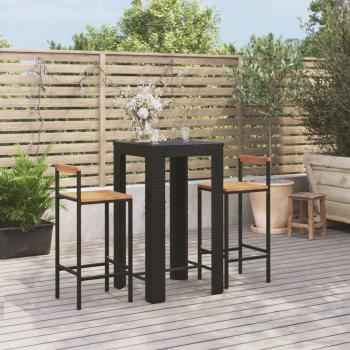 Set de Bar de jardín 3 piezas Polyrattan negro y acacia de madera maciza