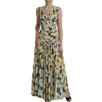 Yellow Silk Floral Print Pleated Maxi Dress