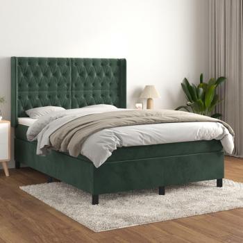 Cama Box Spring con Colchón de Terciopelo Verde Oscuro 140x190 cm