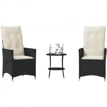 3-Piece Black Poly Rattan Bistro Set with Cushions