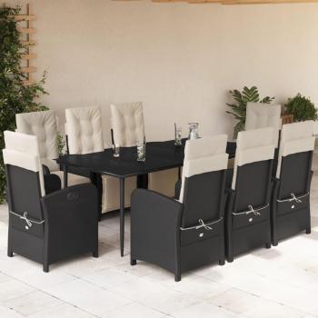 9-Piece Black Poly Rattan Garden Dining Set with Cushions