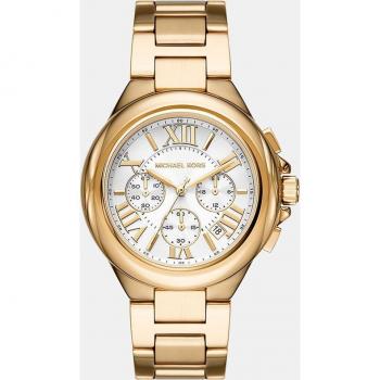 Michael Kors Ladies Camille 43mm Gold Plated White Dial Chronograph Watch MK7270