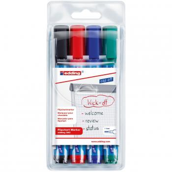 Rotulador para Flipchart Edding 383, Punta Keil, 1-5 mm, Set de 4 Colores, Recargable y Resistente al Agua