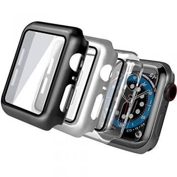 [3 Pack] Funda Protector Apple Watch 44mm Serie SE/6/5/4, con Protector de Pantalla Cristal Templado Integrados, PEMOTech HD Protección Completa Carcasa para iWatch, Anti-Rasguños y Fácil de Instalar