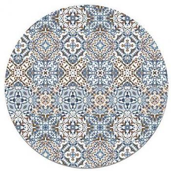 Alfombra Vinílica Redonda Baldosa Hidráulica Oriental Azul 190x190 cm - Antideslizante e Ignífuga para Cocina y Salón