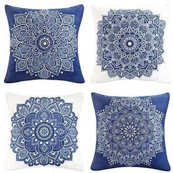 4 Piezas Fundas de Cojín Decorativas Mandala Exteriores 45 x 45 cm Terciopelo Bohemio Marroquí Fundas de Almohada Cuadradas para Hogar, Sofá, Dormitorio, Coche, Sala de Estar, Silla Azul Marino