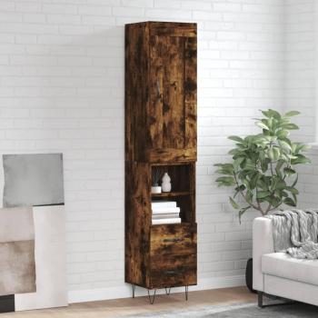 Aparador alto de madera contrachapada roble ahumado 34,5x34x180 cm con 2 cajones y 2 estantes, mueble de almacenaje para salón, buffet y armario auxiliar
