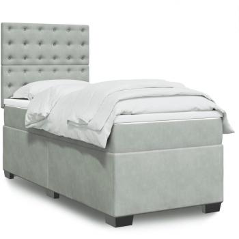 Cama box spring con colchón de muelles y terciopelo gris claro 90x190 cm