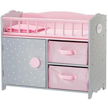 Olivia's Little World Polka Dots Princess Kids Baby Doll Crib for 18 Dolls - Pink, Wooden Doll Cot with Storage, Dimensions: 46.4cm H x 54cm W x 26.4cm D,