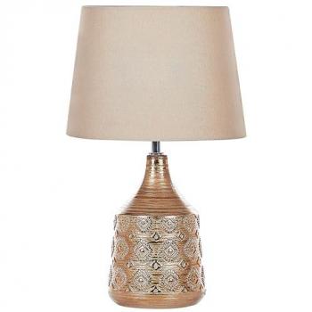Lámpara de mesa retro de cerámica marrón dorado con pantalla beige y patrón geométrico, 47 cm Wari