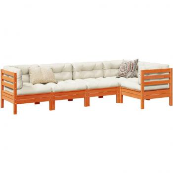5 Piece Garden Sofa Set with Cushions in Wax Brown Solid Pine Wood