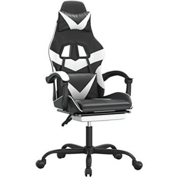 Silla gaming con reposapiés cuero sintético negro blanco, giratoria, altura ajustable, con reposabrazos, para uso profesional y de oficina