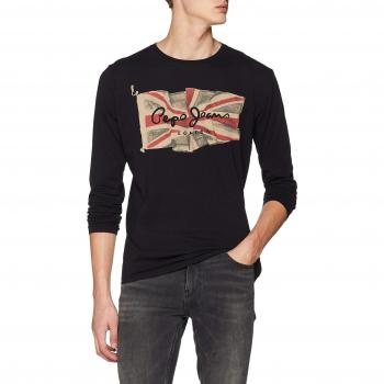 Pepe Jeans Flag Logo LS, Camiseta de Manga Larga para Hombre, Negro, Medium