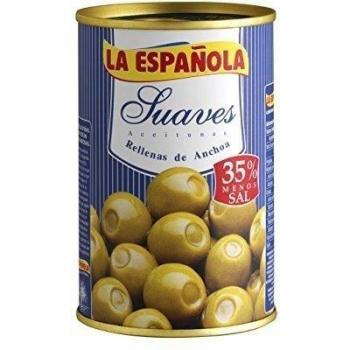 La Española - Pack de 4 Latas de Aceitunas Verdes Suaves Rellenas con Anchoa, Bajo en Sal, 130gr cada una