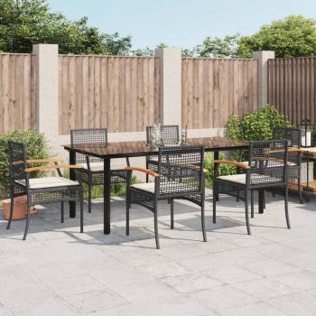 7-Piece Black Poly Rattan Garden Dining Set with Cushions