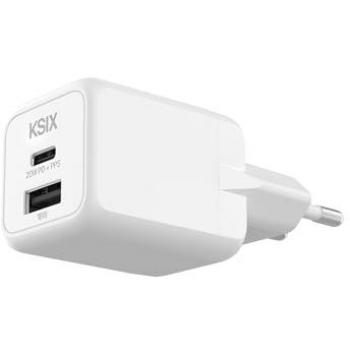 Cargador Rápido Ksix 20W Blanco, 1xUSB-C + 1xUSB-A, GAN, PPS, Power Delivery, Materiales Sostenibles