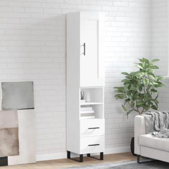 Aparador de madera contrachapada blanco brillo 34,5x34x180 cm con 2 cajones y 2 estantes, mueble de almacenaje para salón, buffet y armario auxiliar