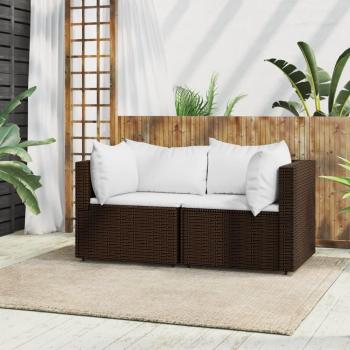 Sofá de jardín angular con almohadas 2 piezas Polyrattan Marrón
