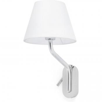 Aplique de pared Eterna con lector derecho, cuerpo de acero y pantalla de tela de 47 cm, acabado cromo/blanco