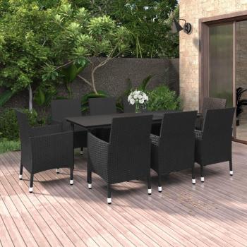 9-Piece Garden Dining Set with Cushions in Poly Rattan and Glass