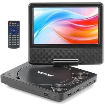 VEVOR 7-Inch Portable DVD Player with HD Swivel Screen, 4-Hour Rechargeable Battery, Dual Speakers, Sync TV/USB/SD/CD/DVD Support, Includes Car Charger and Remote Control