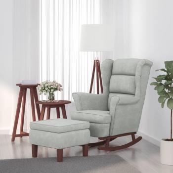 Sillón mecedora con patas de madera y taburete en terciopelo gris claro