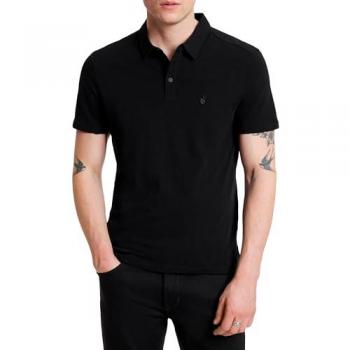 John Varvatos Men's Victor Short Sleeve Slub Cotton Polo with Peace Sign Embroidery, Black, Size Small