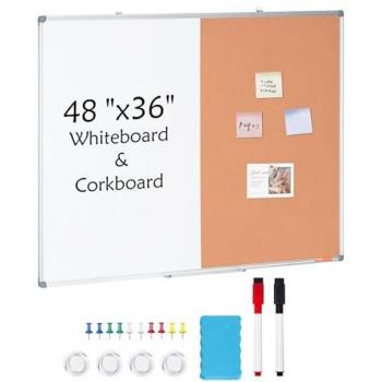 VEVOR 48x36 Magnetic Whiteboard & Cork Board Combo with Aluminum Frame – 2-in-1 Wall-Mounted Dry Erase Bulletin Board for School, Home, Office
