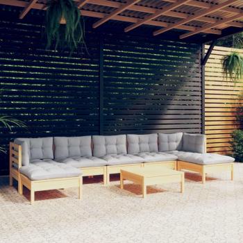 8-Piece Pinewood Garden Lounge Set with Grey Cushions