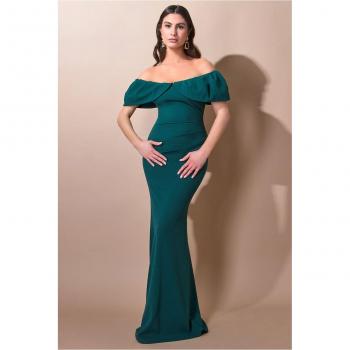 Goddiva Scuba Crepe Pleated Bardot Maxi - Emerald Green