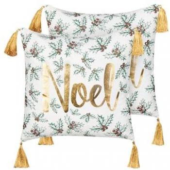 Conjunto de 2 cojines decorativos de algodón blanco y dorado con motivo navideño y borlas 45 x 45 cm