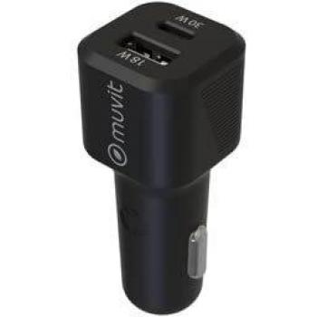 Cargador de coche USB-C 30W y USB-A 18W con QC 3.0, Negro