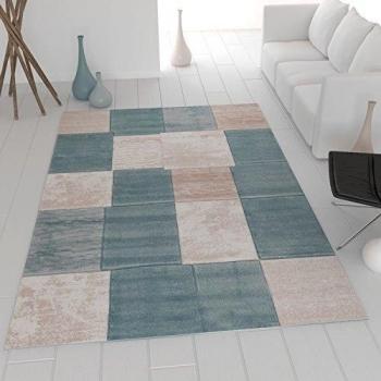 VIMODA Alfombra de diseño Refinado, a Cuadros, Jaspeada, en Turquesa, Blanco, Beige y Crema, de Tejido Muy tupido - Material Certificado según ÖKO Tex, Maße:80 x 300 cm