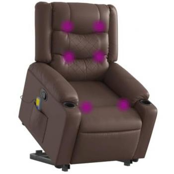 Sillón Reclinable de Masaje Alzapersona en Cuero Sintético Marrón con Respaldo y Reposabrazos Ajustables