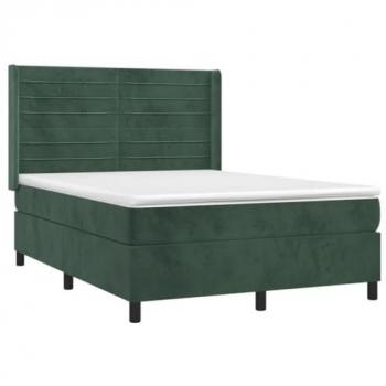 Cama Box Spring con colchón y LED de terciopelo verde oscuro 140x190cm
