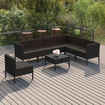 8-Piece Black Poly Rattan Garden Lounge Set with Cushions