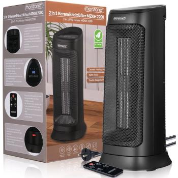 Calefactor Eléctrico Cerámico Monzana MZKH2200 2000W con Control Remoto, Temporizador, Oscilación 120° y 4 Modos de Funcionamiento (15-40°C)