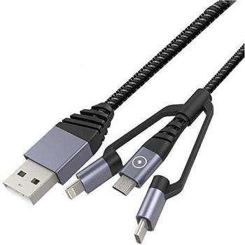 muvit Tiger Cable USB Micro USB+ Lightning MFI+Type C 2.4A 1,2m Gris