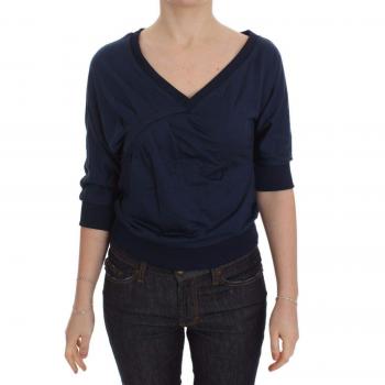Blue Cotton Top Pullover Deep V-neck Women Sweater