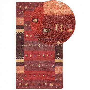 Alfombra Gabbeh de Lana Roja Oscura con Diseño Tradicional, 80 x 150 cm, Pelo Denso y Grueso
