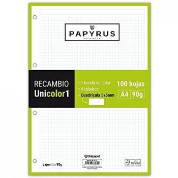 UNIPAPEL 53392221. Recambios 100 Hojas A4, Cuadrículadas 5x5, Banda Color Verde Lima, PaperClas90g, Papyrus - Unicolor 1