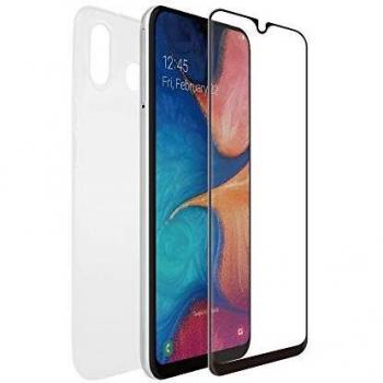 muvit for change Pack Samsung Galaxy A20e Funda transp.+prot.de Pantal. Vidrio Templado Plano Marco Negro Antibacteriano