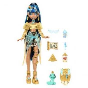 Muñeca Cleo de Nile - Monster High - Mattel - 28 cm de altura, cabello largo y lacio, atuendo egipcio con detalles dorados, incluye accesorios como diadema y zapatos, articulaciones móviles para diversas